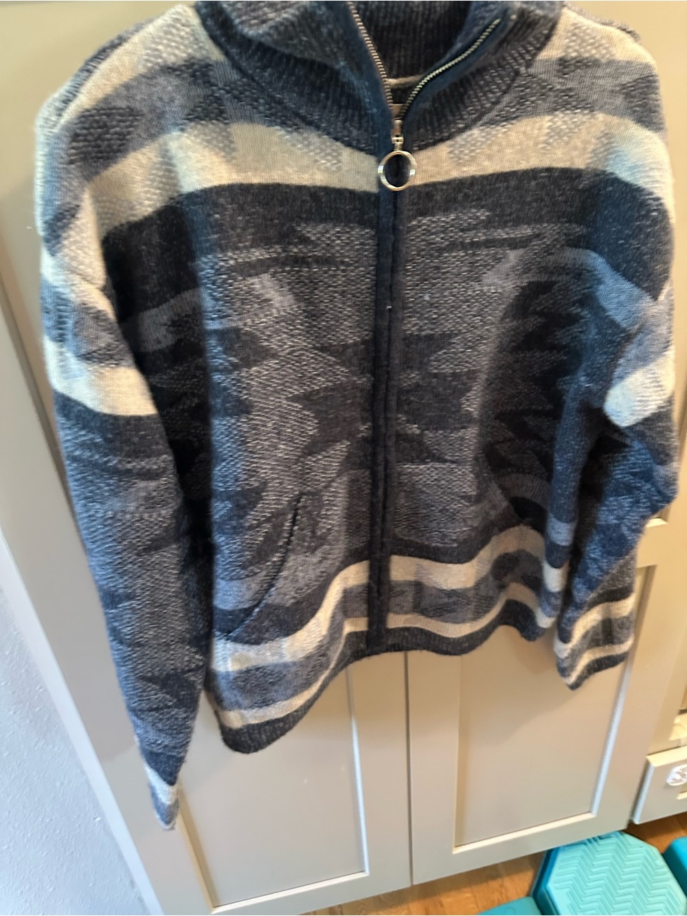 Lucky Brand Navy and Cream Zip-Up Patterned Cardigan